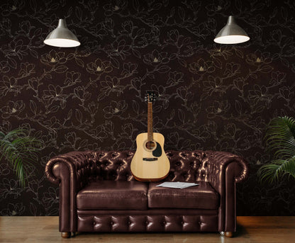 Dark Brown Wallpaper. Chinoiserie Flower Pattern Wallpaper. #6557
