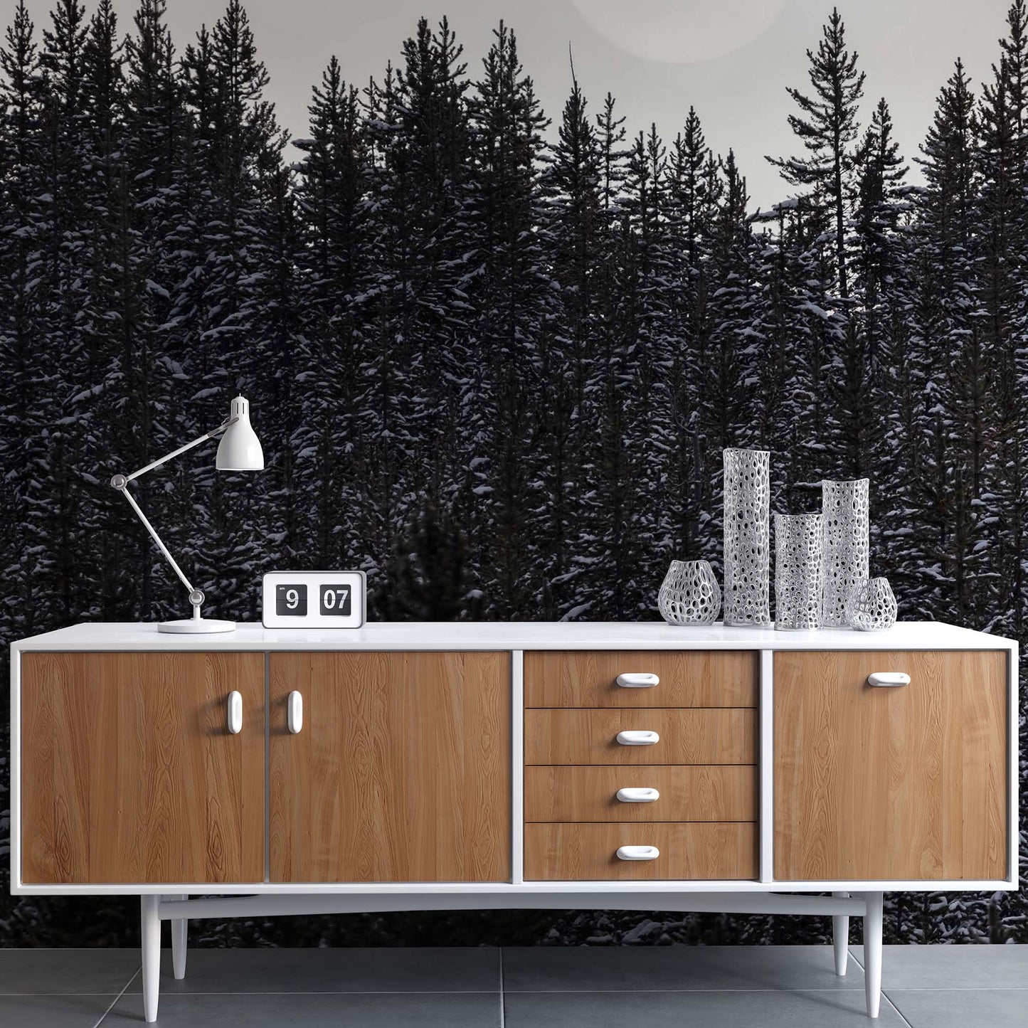 Foggy Forest Wall Mural. Peel and Stick Wallpaper. Monotone Grey Nature Wallpaper. Rain Forest Wall Mural. #6560