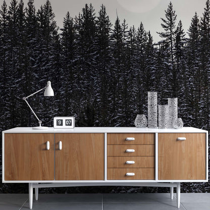 Foggy Forest Wall Mural. Peel and Stick Wallpaper. Monotone Grey Nature Wallpaper. Rain Forest Wall Mural. #6560