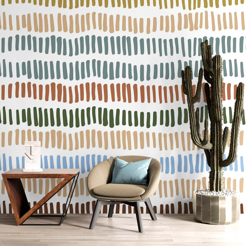 Minimalist Boho Wallpaper Peel and Stick Mural. Pastel Color Brush Strokes Stripes Pattern, view 2