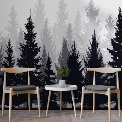 Black and White Pine Tree Forest Wallpaper. #6594