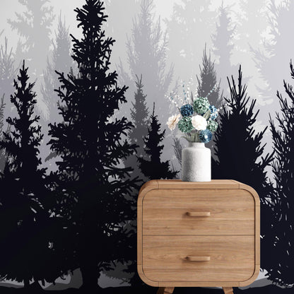 Black and White Pine Tree Forest Wallpaper. #6594