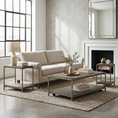 Corbeta - 3 Piece Metal Frame Wood Living Room Coffee Table And 2 Chairside Tables Set, Aged Graphite - Brown