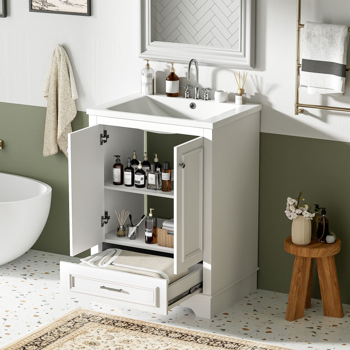 Bathroom Vanity With Ceramic Sink Combo, Modern Freestanding Storage Cabinet With Silver Handles