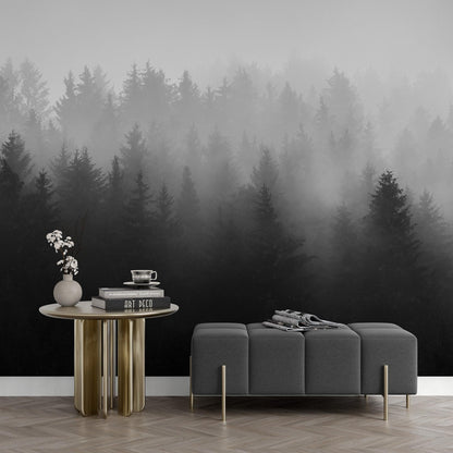 Black and White Misty Pine Forest Wallpaper. #6673