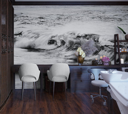 Ocean Wave Wallpaper. Black and White Surf Theme Wall Mural. #6709