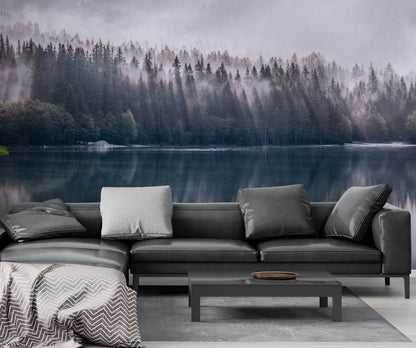 Pine Trees Forest Lake View Wall Mural Wallpaper. #6754