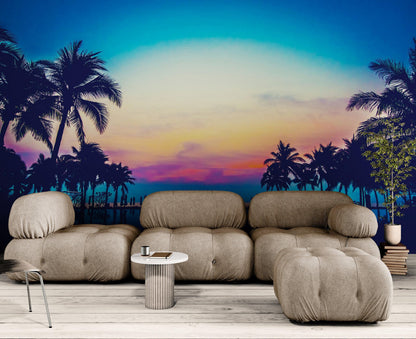 Tropical Night Wallpaper Mural – Miami Sunset Over Resort Pool & Beach. #6915