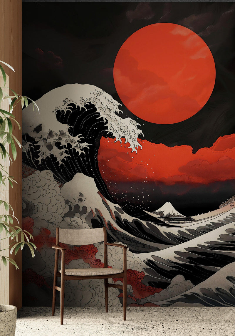 Red Great Wave off Kanagawa Wall Mural. Urban Decor. #6949