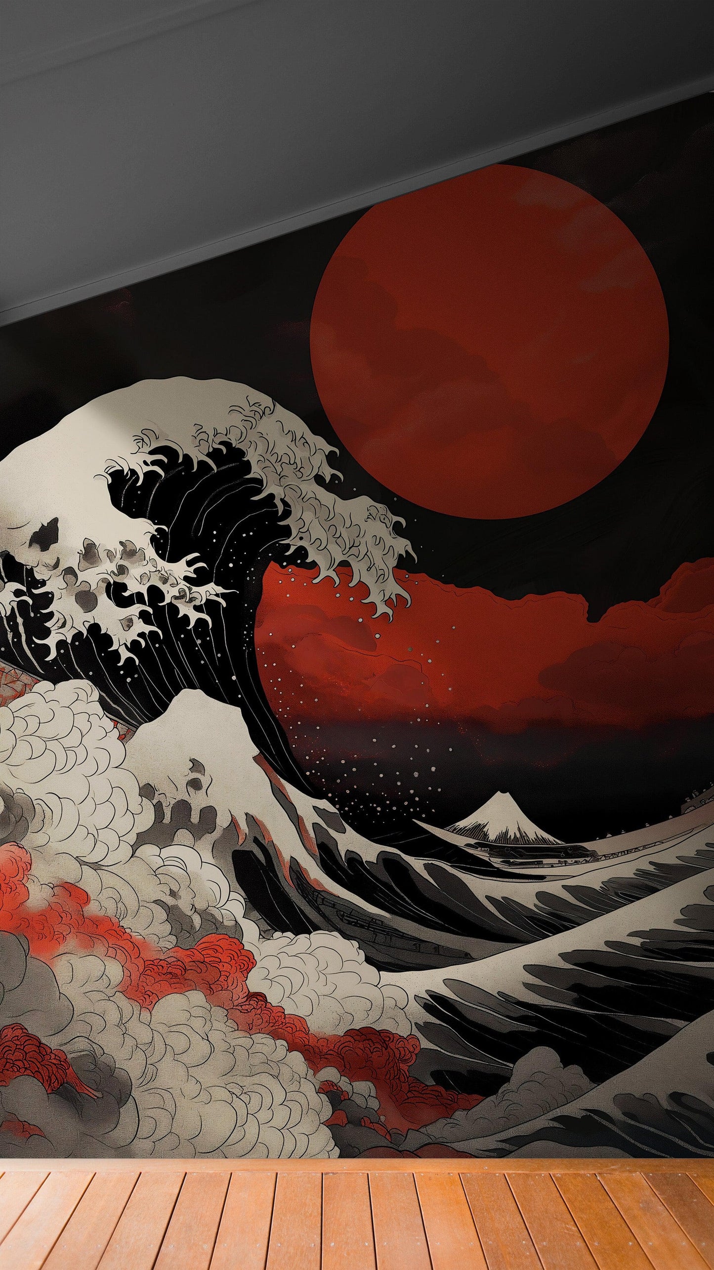 Red Great Wave off Kanagawa Wall Mural. Urban Decor. #6949