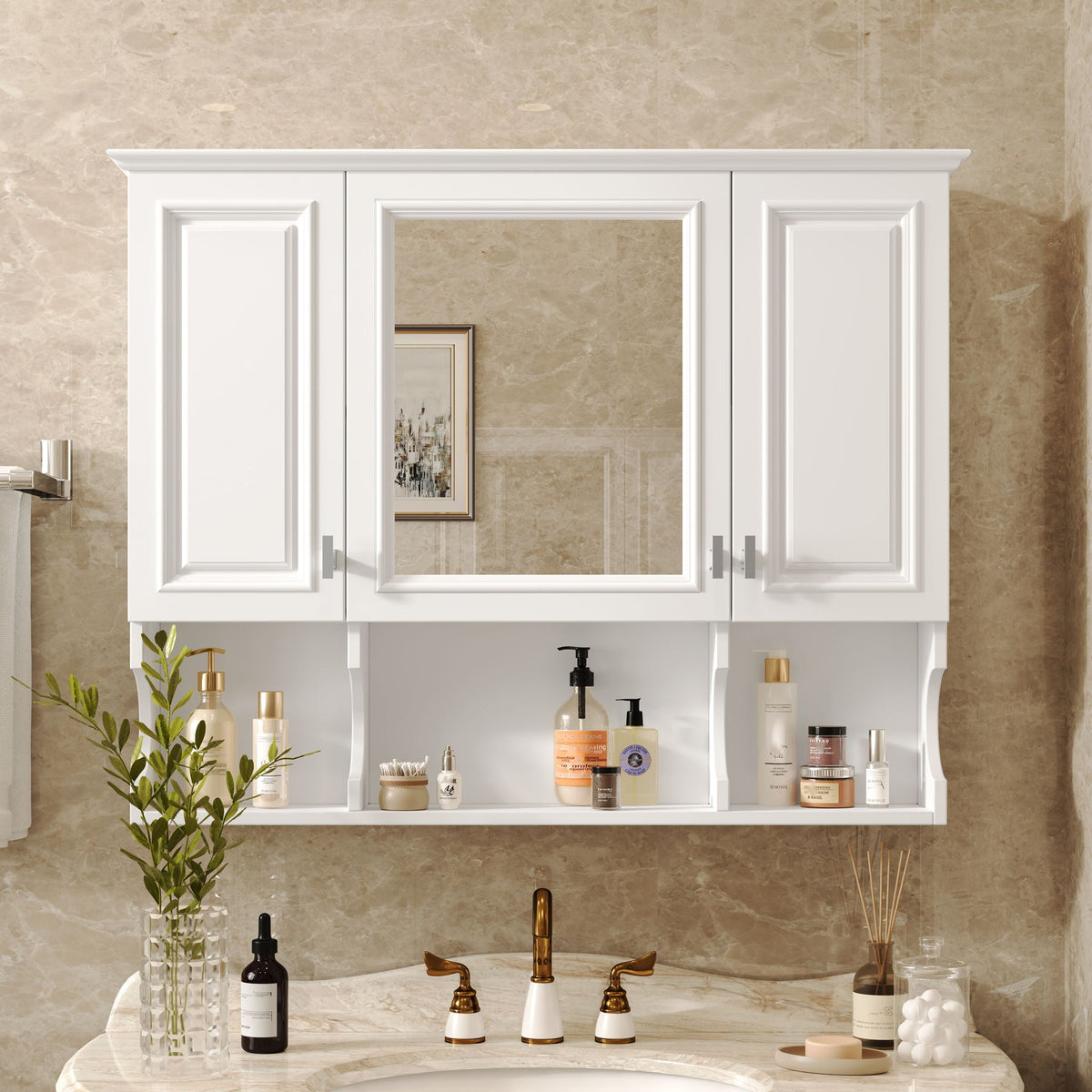 Wall Mounted Bathroom Medicine Wall Cabinet With Mirror & Open Shelves