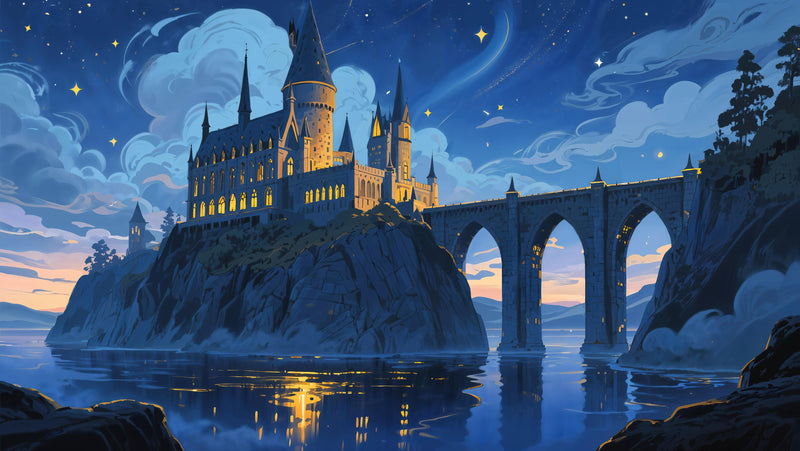 Magical Hogwarts Castle Twilight Wallpaper Mural. Wizardly World Fantasy Theme Wall Art.