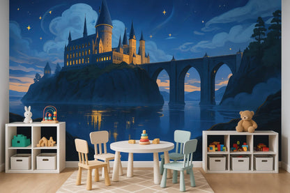 Magical Hogwarts Castle Twilight Wallpaper Mural. Wizardly World Fantasy Theme Wall Art. #6985