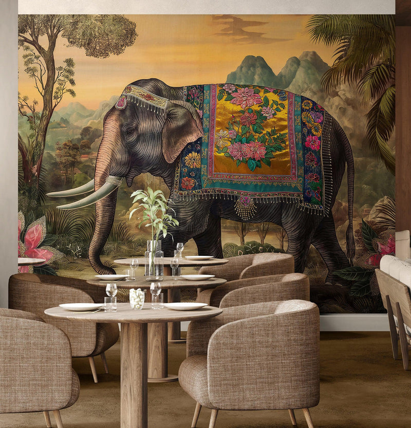 Decorative Indian Elephant Wallpaper Mural. Vintage Indian Wedding Theme. #6989