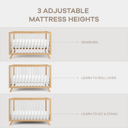 Baby Crib for 0 to 3 Years - White Bars and Natural Wood Frame and Legs