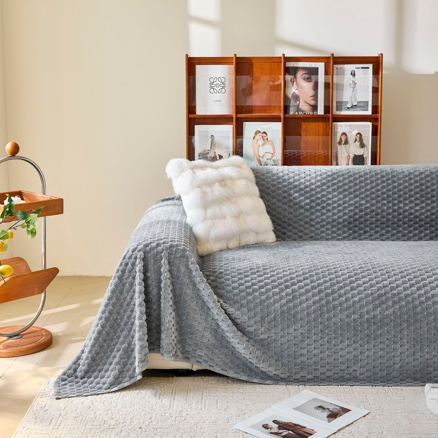 Thick Plush Non-Slip Sofa Throw Cover, Warm Soft Faux Fur Couch Protector for Winter