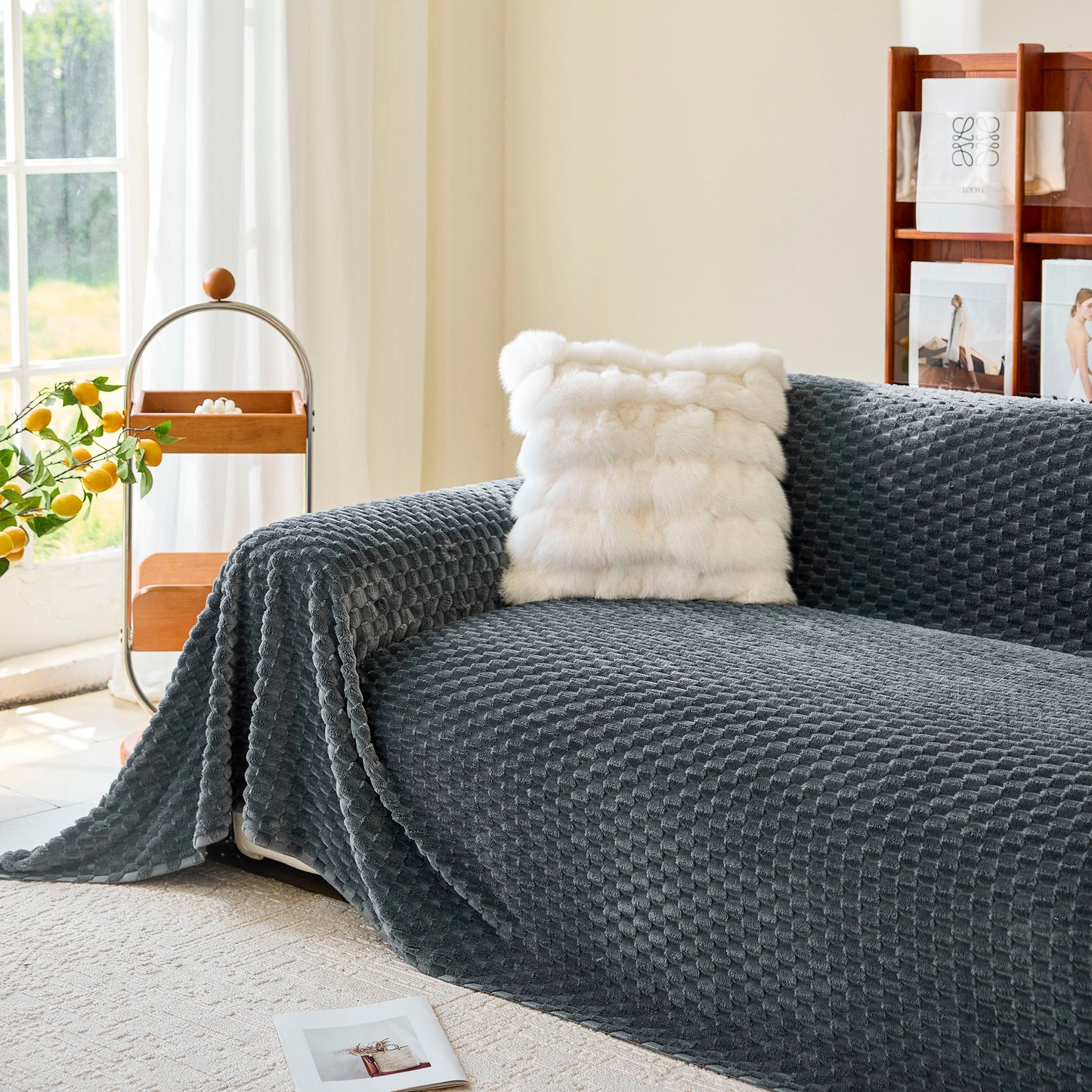 Thick Plush Non-Slip Sofa Throw Cover, Warm Soft Faux Fur Couch Protector for Winter