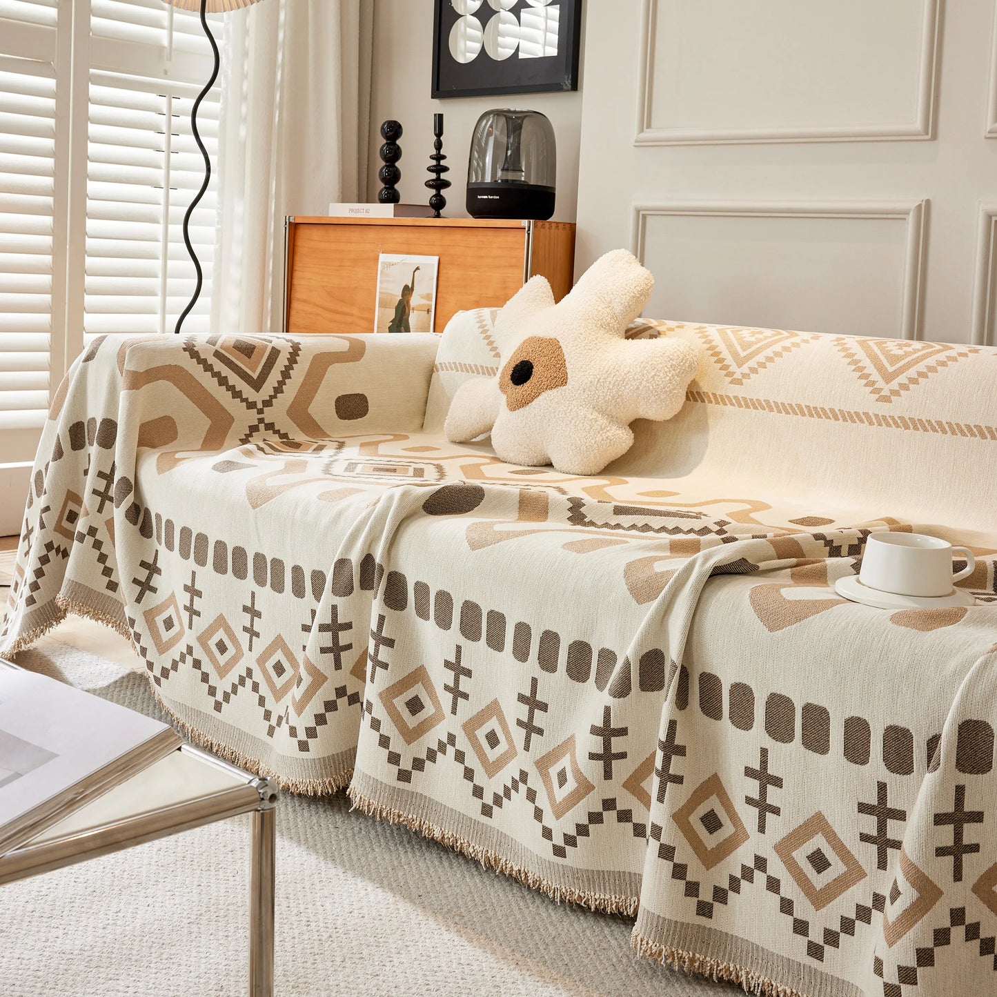 Boho Geometric Chenille Throw Sofa Cover Soft Textured Decorative Couch Blanket