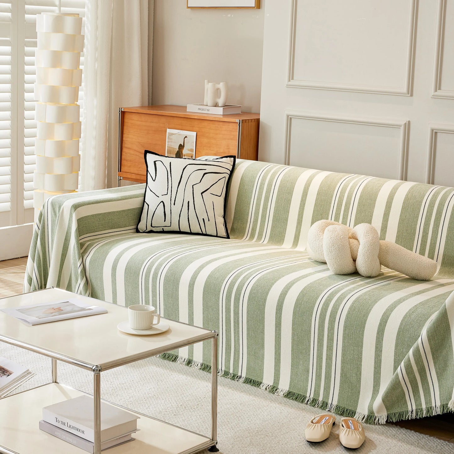 Striped Chenille Sofa Slipcover Throw, Soft Thick Washable Couch Cover Blanket
