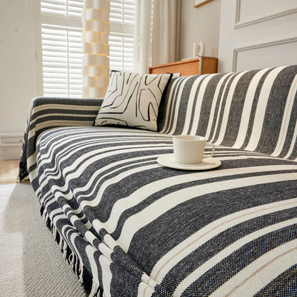 Striped Chenille Sofa Slipcover Throw, Soft Thick Washable Couch Cover Blanket