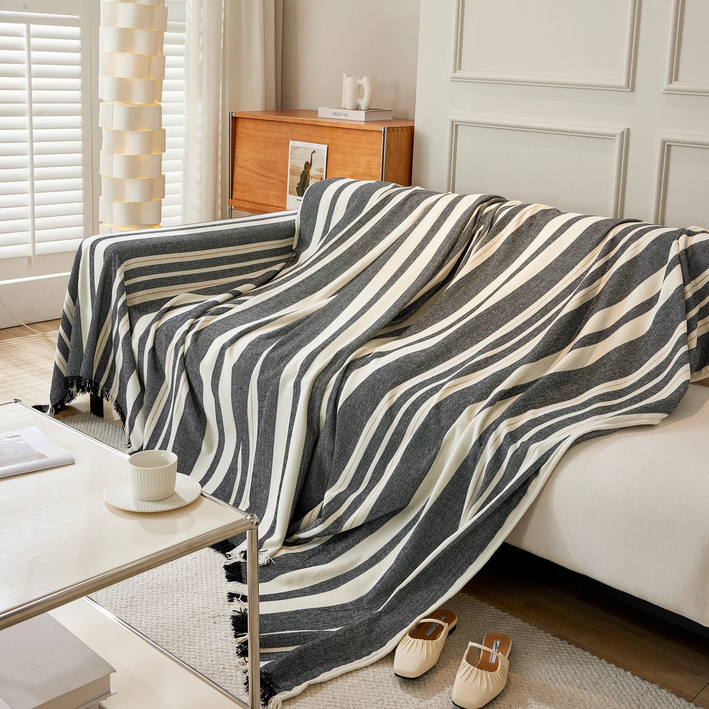 Striped Chenille Sofa Slipcover Throw, Soft Thick Washable Couch Cover Blanket