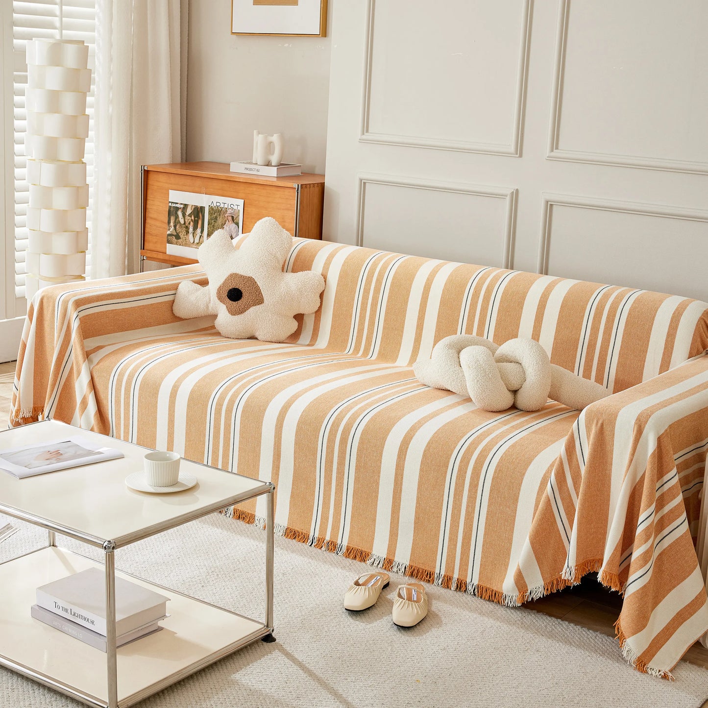 Striped Chenille Sofa Slipcover Throw, Soft Thick Washable Couch Cover Blanket