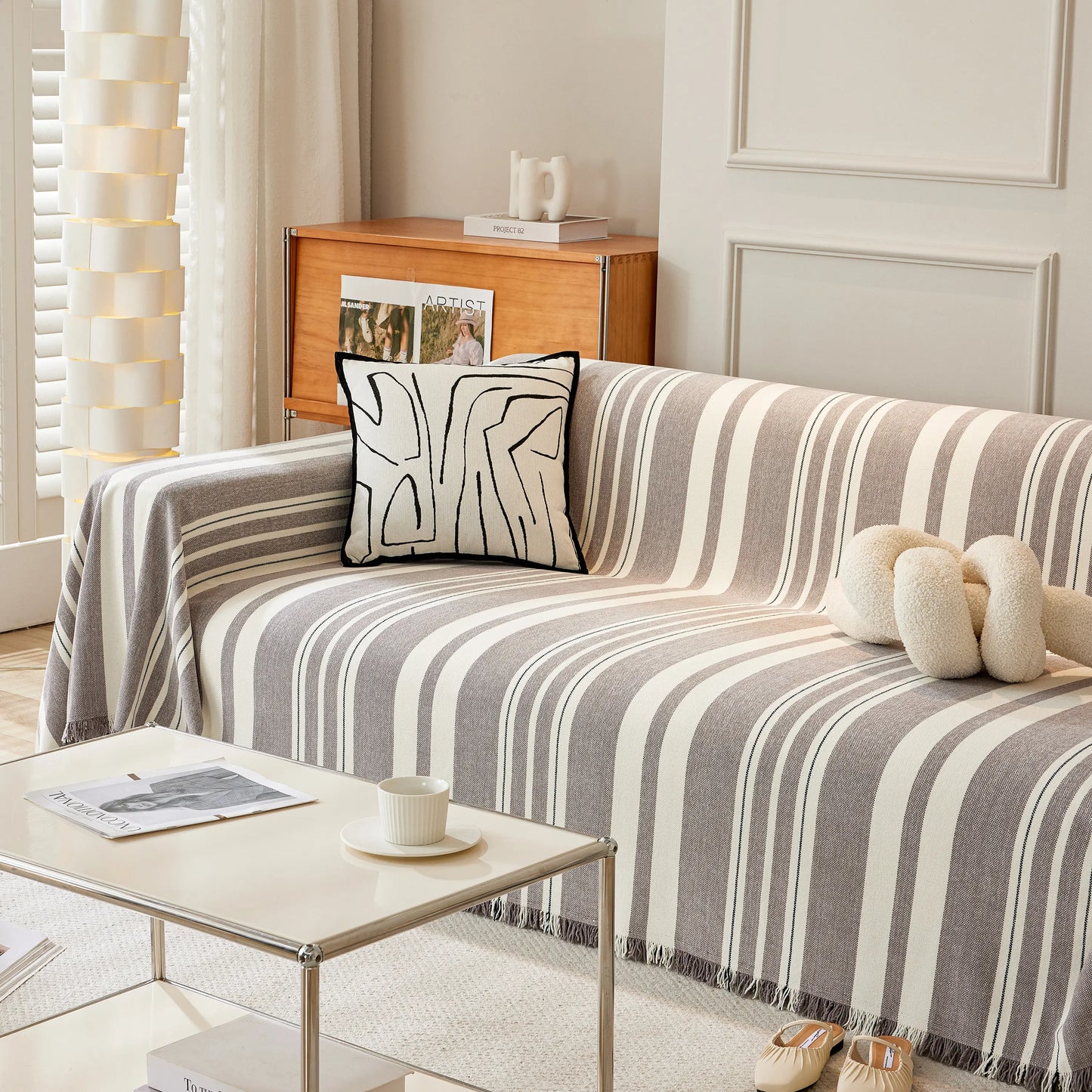 Striped Chenille Sofa Slipcover Throw, Soft Thick Washable Couch Cover Blanket