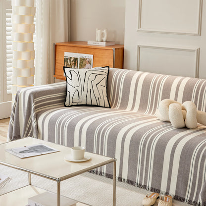 Striped Chenille Sofa Slipcover Throw, Soft Thick Washable Couch Cover Blanket
