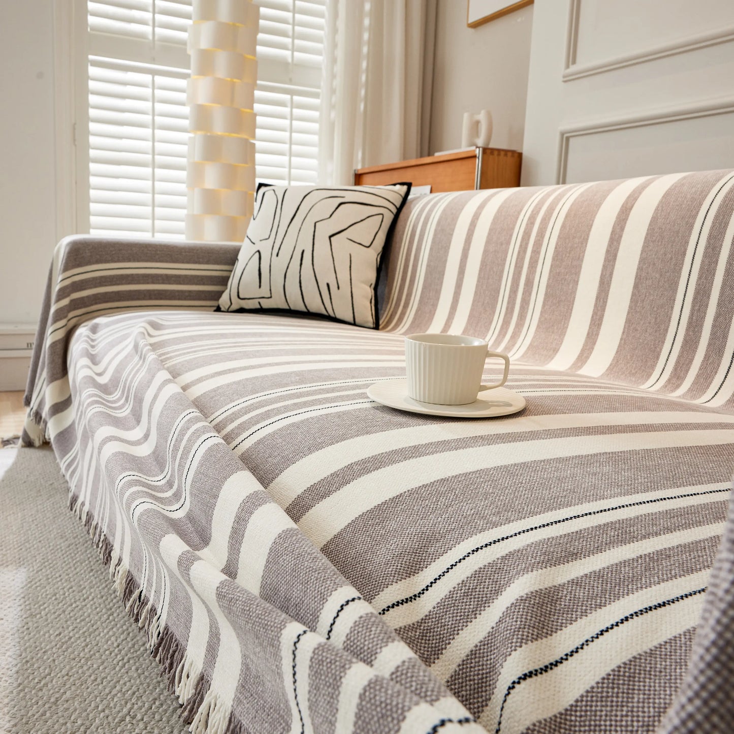 Striped Chenille Sofa Slipcover Throw, Soft Thick Washable Couch Cover Blanket