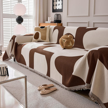 Modern Abstract Chenille Sofa Cover, Large Soft Throw Blanket with Tassels for Couch