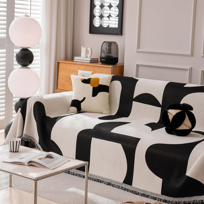 Modern Abstract Chenille Sofa Cover, Large Soft Throw Blanket with Tassels for Couch