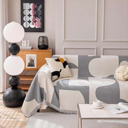 Modern Abstract Chenille Sofa Cover, Large Soft Throw Blanket with Tassels for Couch