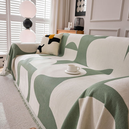 Modern Abstract Chenille Sofa Cover, Large Soft Throw Blanket with Tassels for Couch