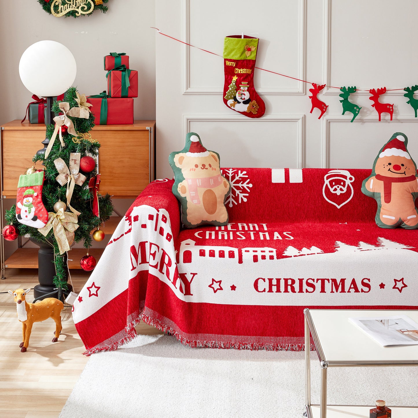 Merry Christmas Cozy Chenille Couch Cover Blanket, Non Slip Sofa Cover, Furniture Covers for Pets