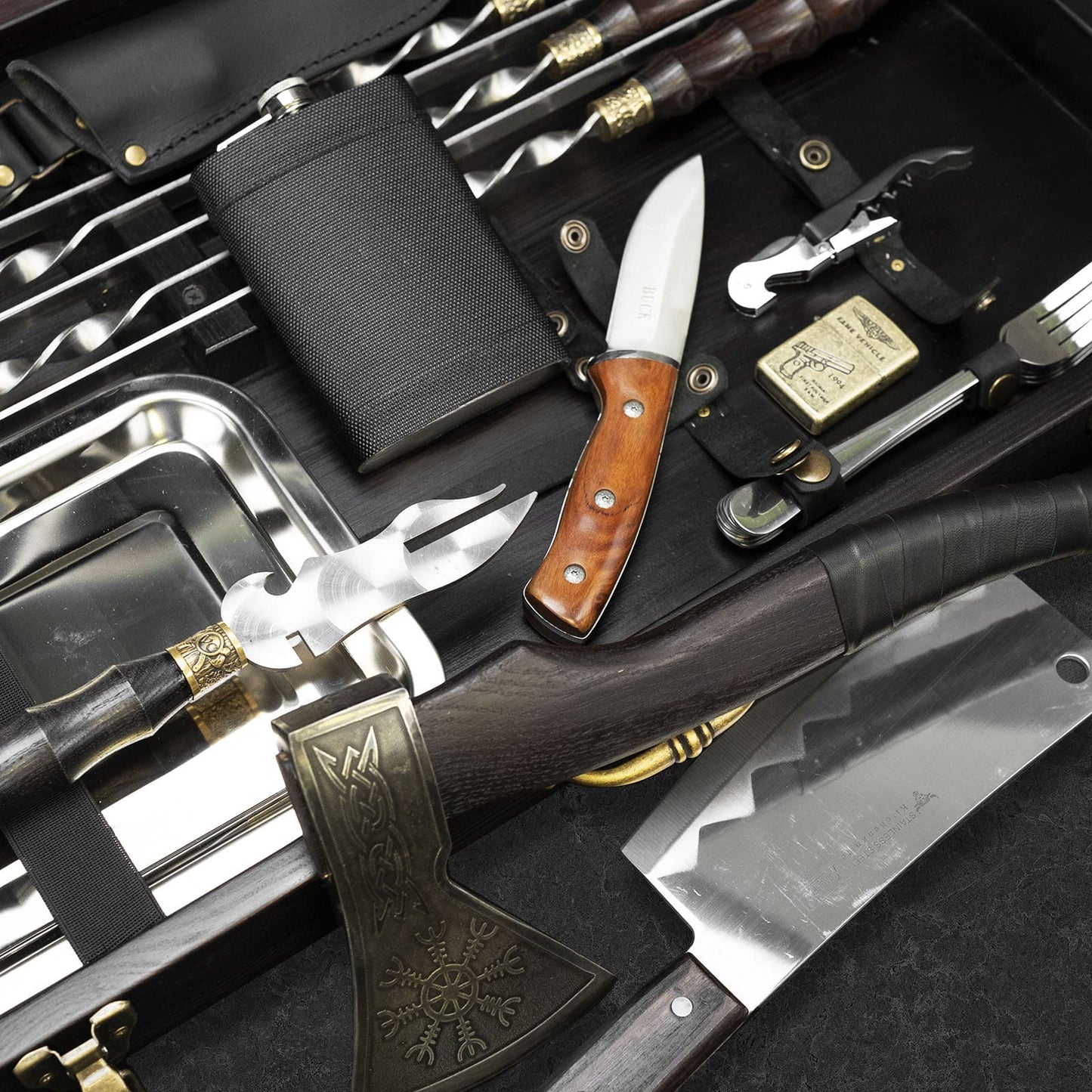 "Jotun" BBQ Tools Skewers Set in a Wooden Case, 32 items