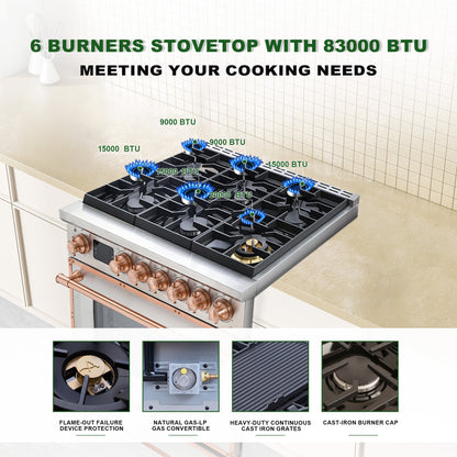 36” Freestanding Gas Range with 6 Sealed Burners Cooktop, Natural Gas/LP Convertible - AK-G36N05A-BS