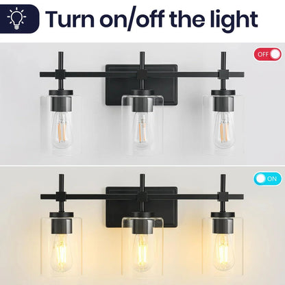 Jasper 3-Light Modern Clear Glass Bathroom Vanity Light, Black & Nickel