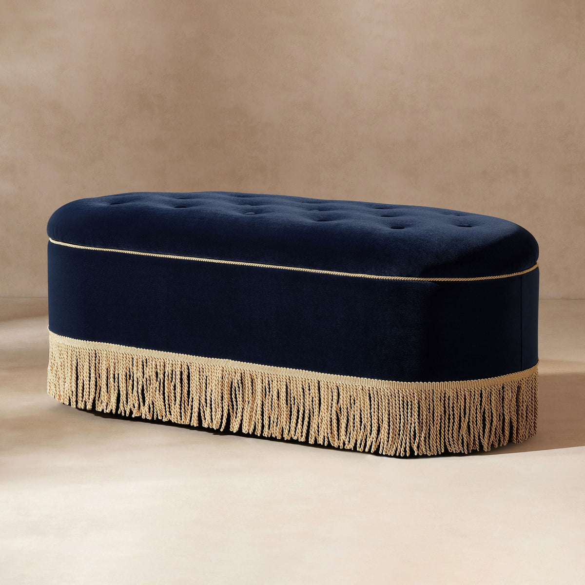 Melinda - Oval Tufted Bullion Fringe Storage Bench