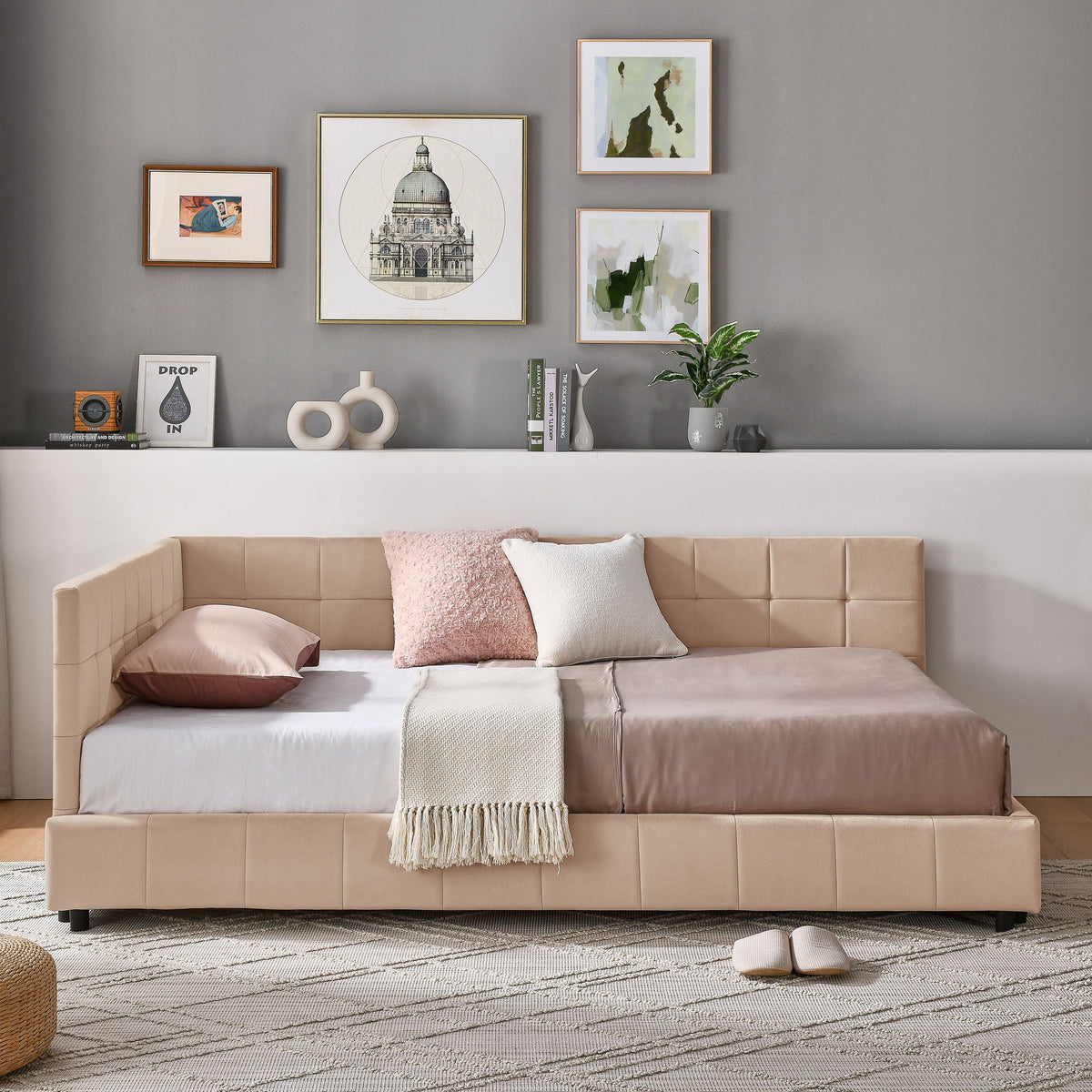 Mid-Century Storage Upholstered Tufted Bed Frame With Backrest And Armrests