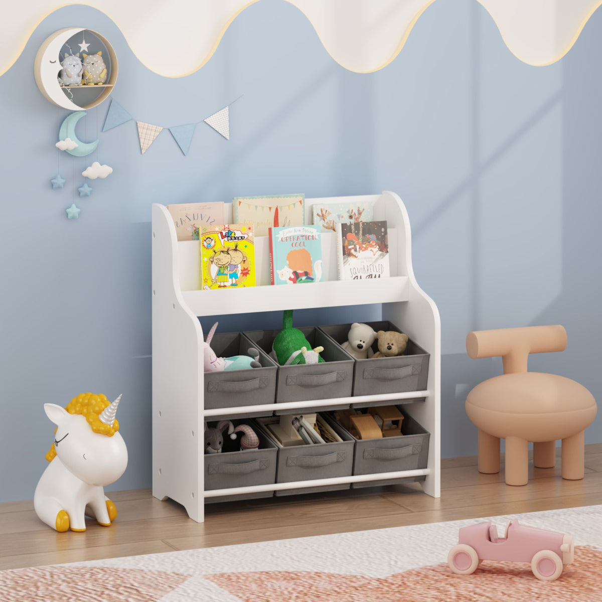 Bookshelf With 6 Storage Bins, Multi Functional Children's Bookcase And Toy Organizer - White
