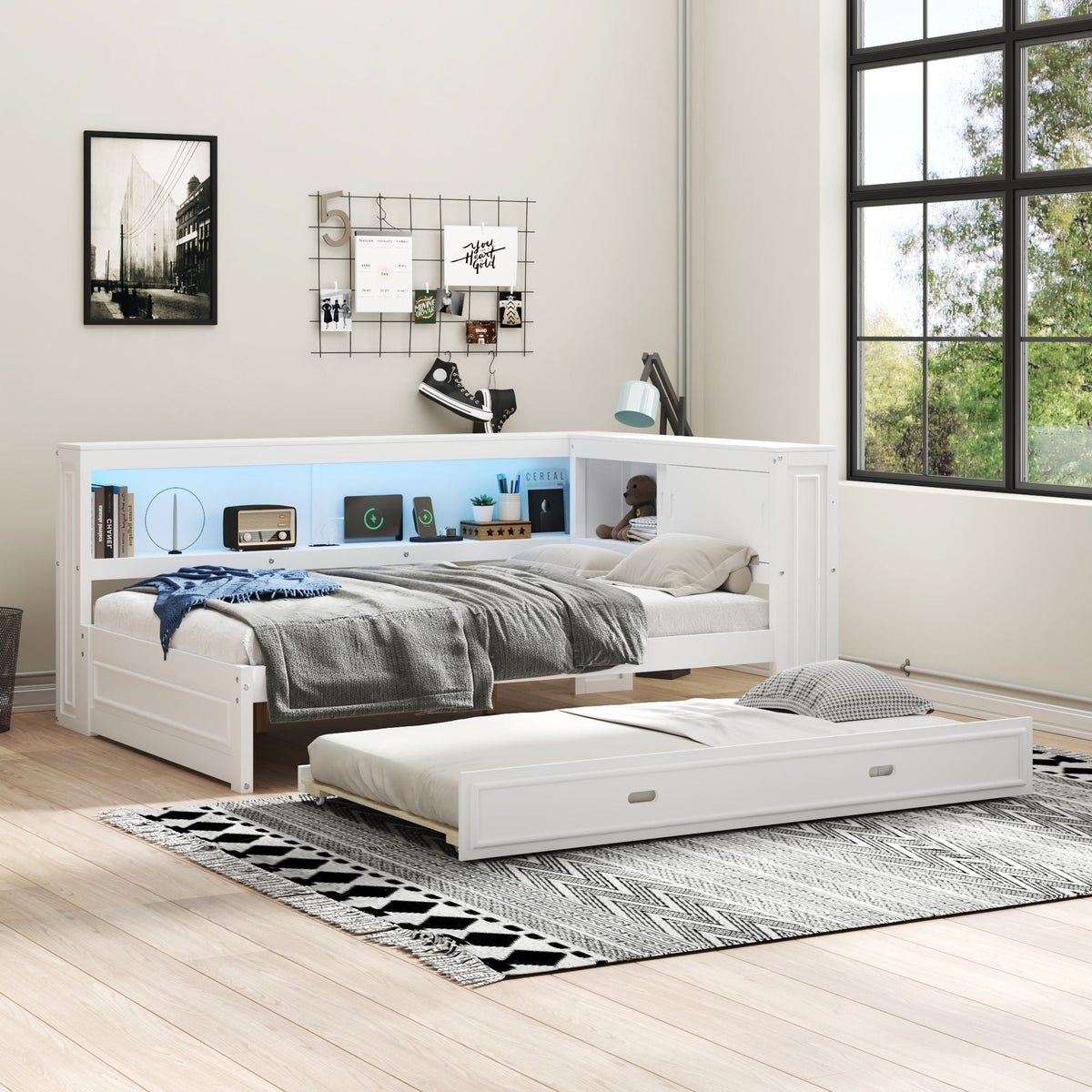Daybed With Storage Shelves, LED, USB, And Trundle