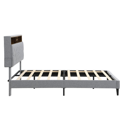 Modern Upholstered Platform Bed Frame With Button Tufted Headboard And USB Ports