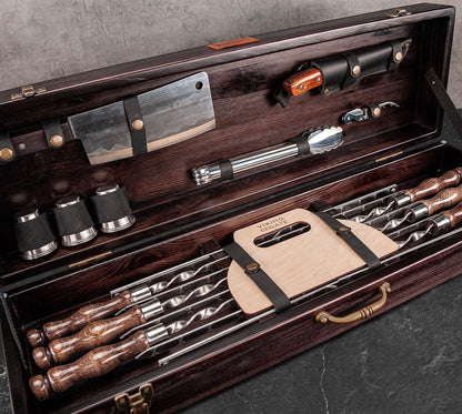 “Moose" Camping Accessories BBQ Skewers Set  in a Wooden Case, 18 items