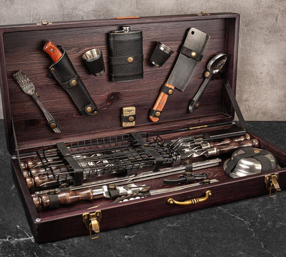 “Odin" Grilling Accessories BBQ Skewers Set  in a Wooden Case, 45 items