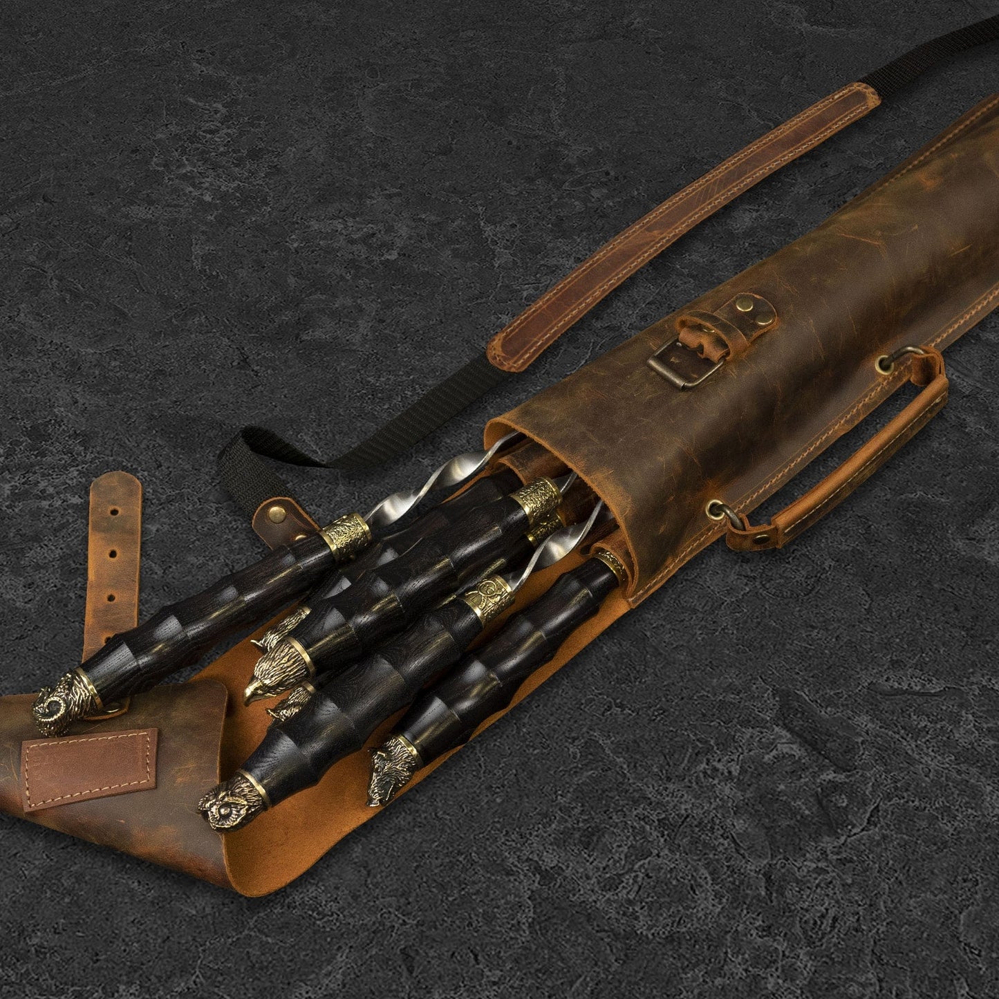 "Viking" Set in a Leather Case Camping Accessories BBQ Skewers Set  in a Leather Case, 7 items