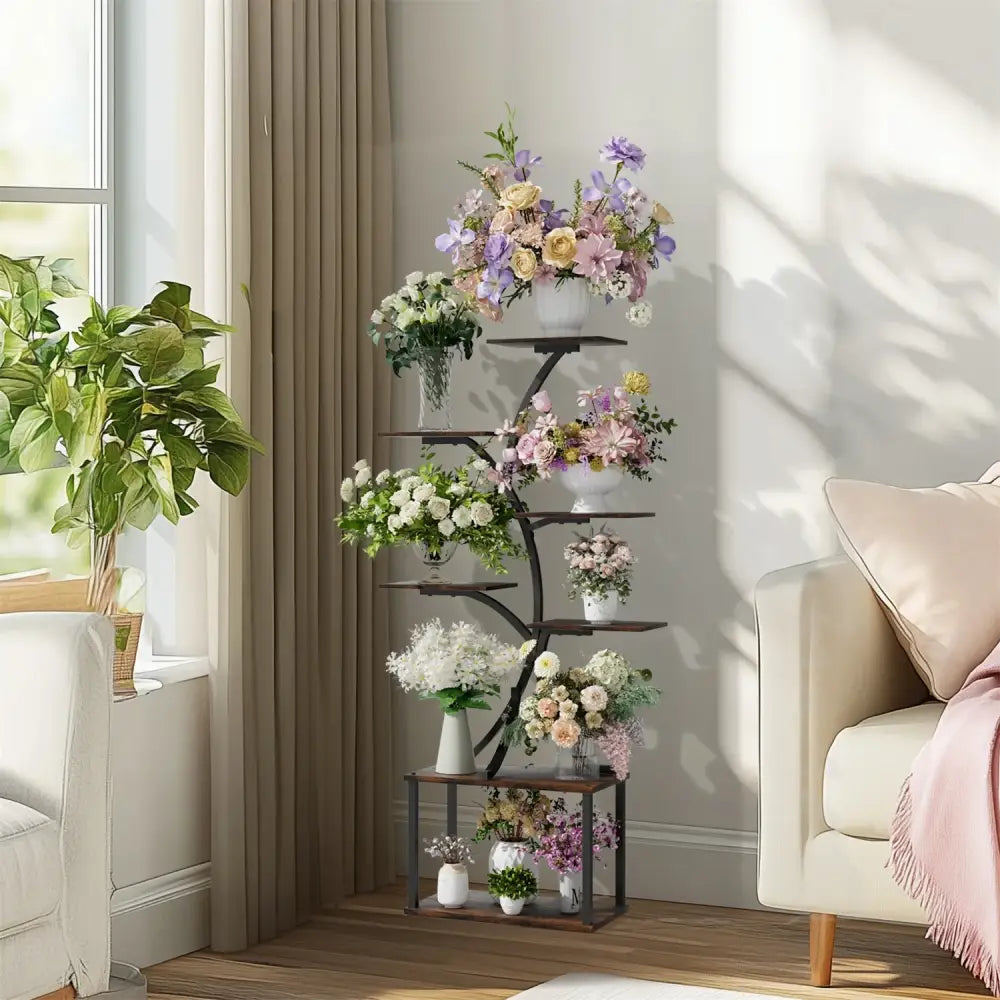 Modern black metal 7 tier plant stand display rack for living room