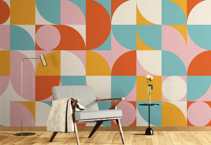 Geometric Shapes Contemporary Wall Mural. Pastel Color Orange, Pink, Blue, White. #7005