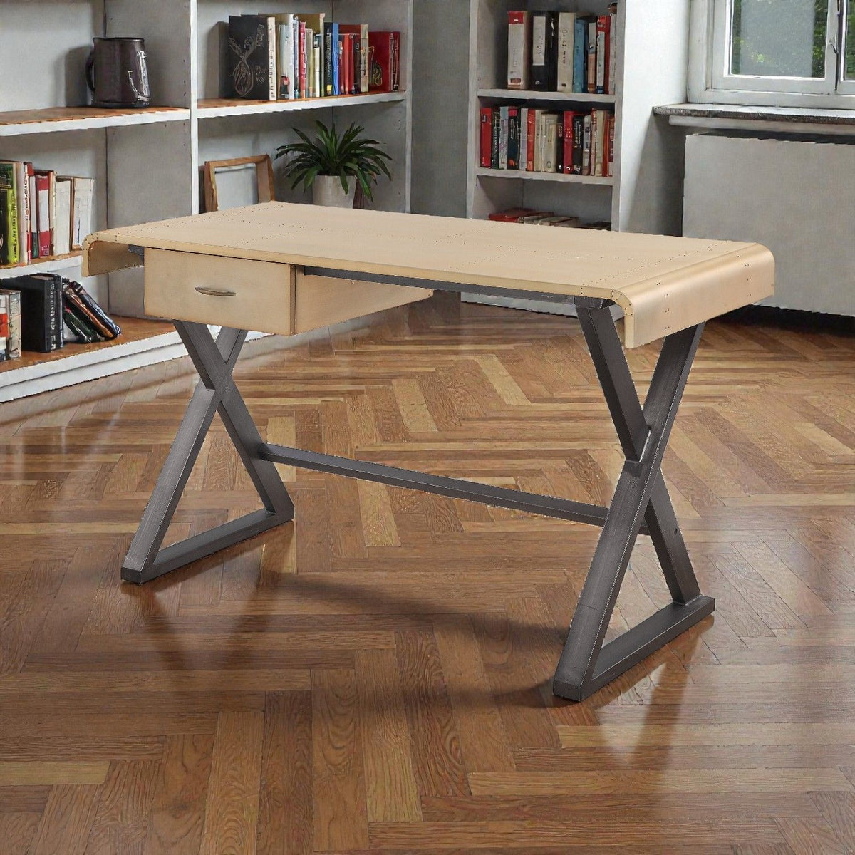 Danton - Aluminum Top Grain Leather Rectangular Writing Desk - Gold