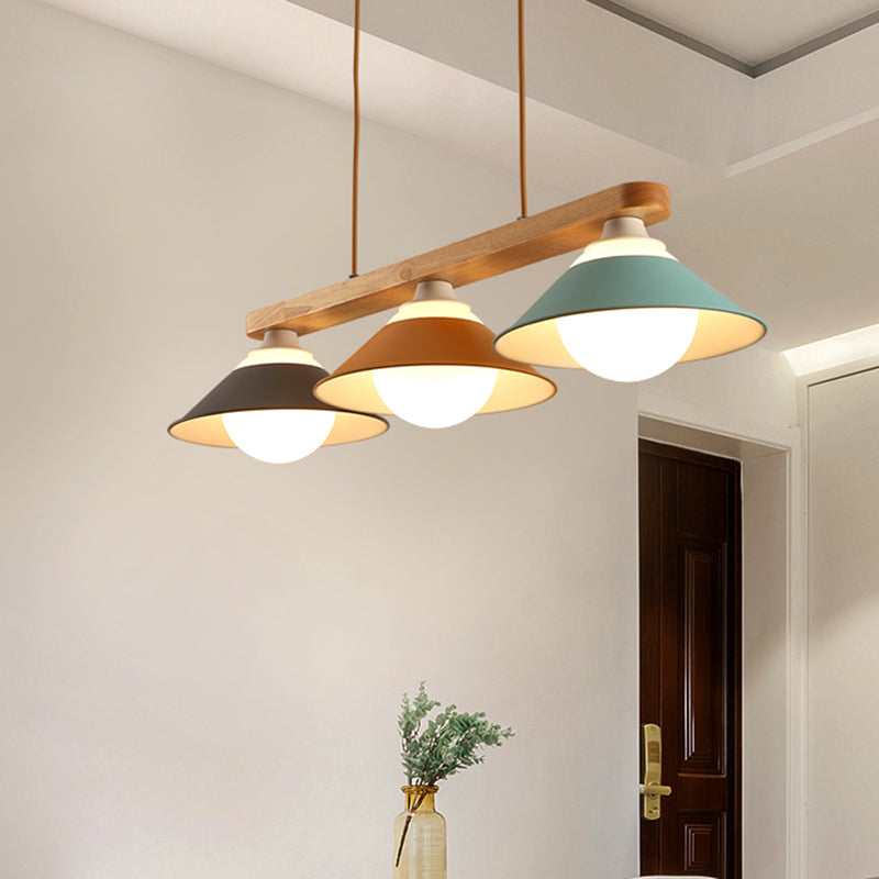 DecorBites™ Modern 3-Light Island Pendant with Wood Accent in Blue, Grey, and Yellow Tones