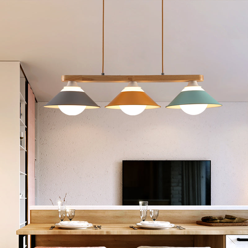 DecorBites™ Modern 3-Light Island Pendant with Wood Accent in Blue, Grey, and Yellow Tones